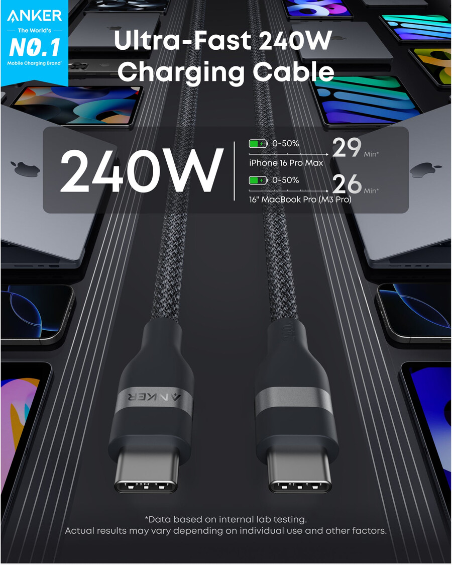 anker usb-c to usb-c cable 3 ft 6 ft 240w upcycled-braided