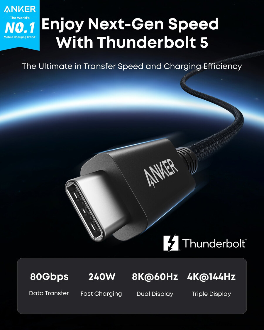 anker prime thunderbolt 5 cable 3.3 ft1.7 ft 80gbps 240w