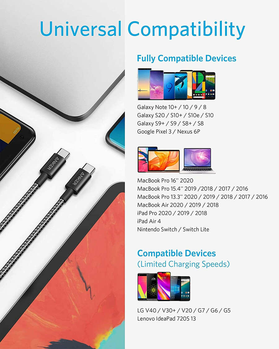 new nylon usb-c to usb-c 100w cable 10 ft 2-pack