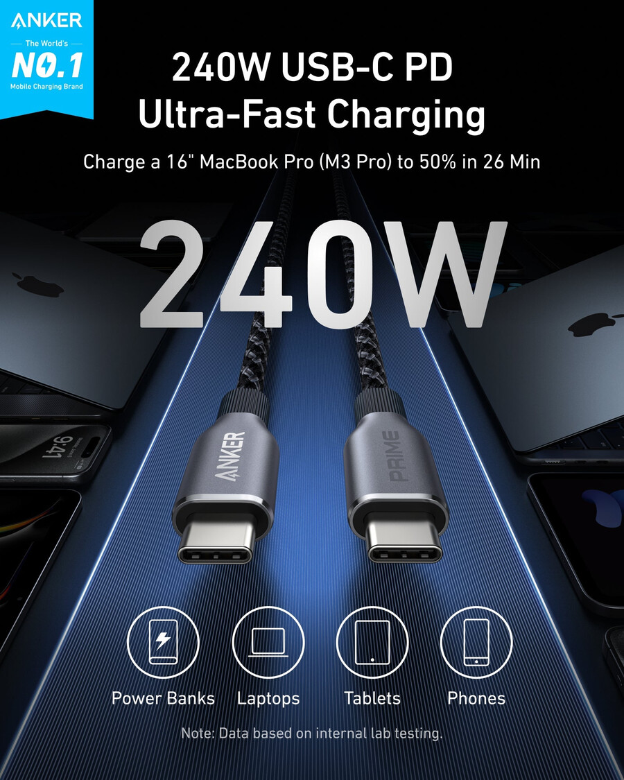 anker prime usb-c to usb-c cable 240w upcycled-braided 2-pack
