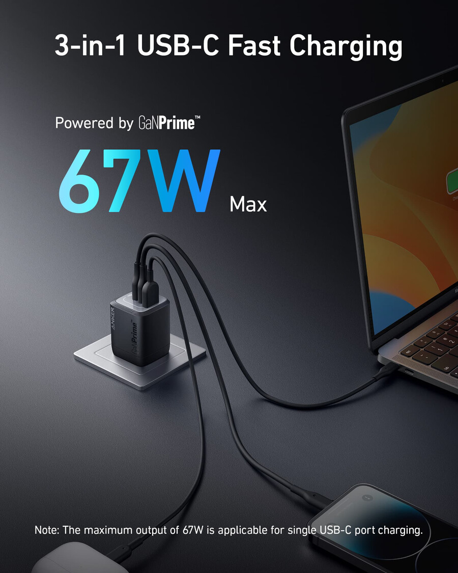anker prime 67w gan wall charger 3 ports