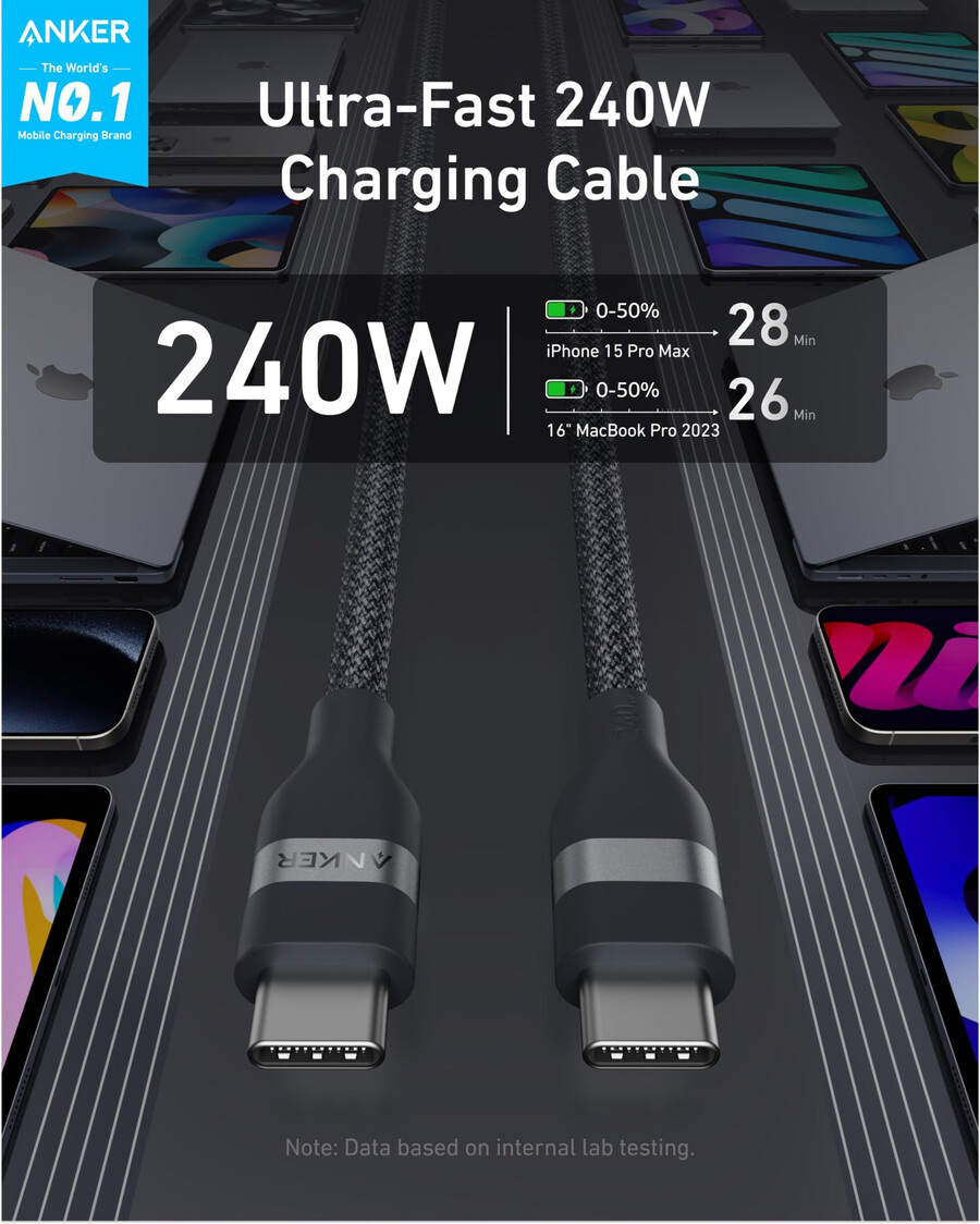 anker nano charger 45w com usb-c para usb-c cable e usb-c para usb-c cable 6 ft 240w upcycled-braided