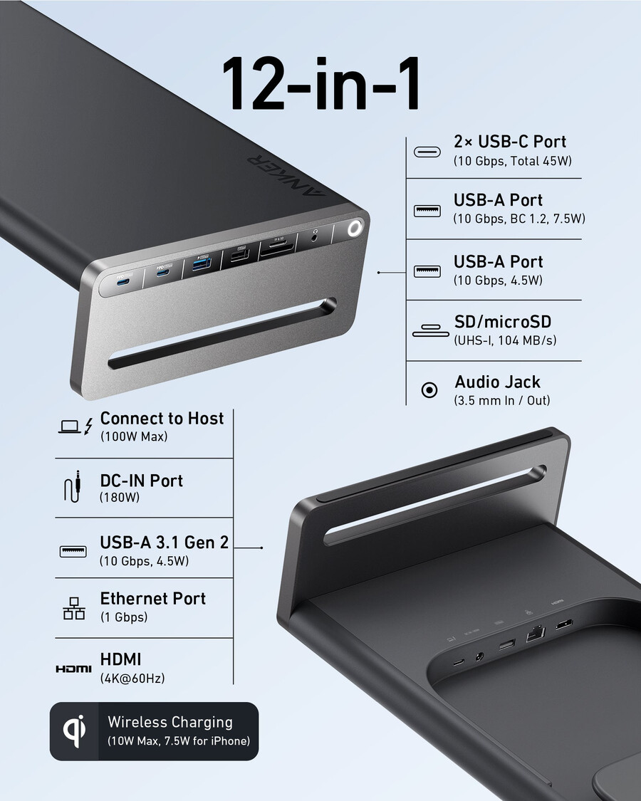 anker 675 usb-c docking station 12-in-1 monitor stand wireless
