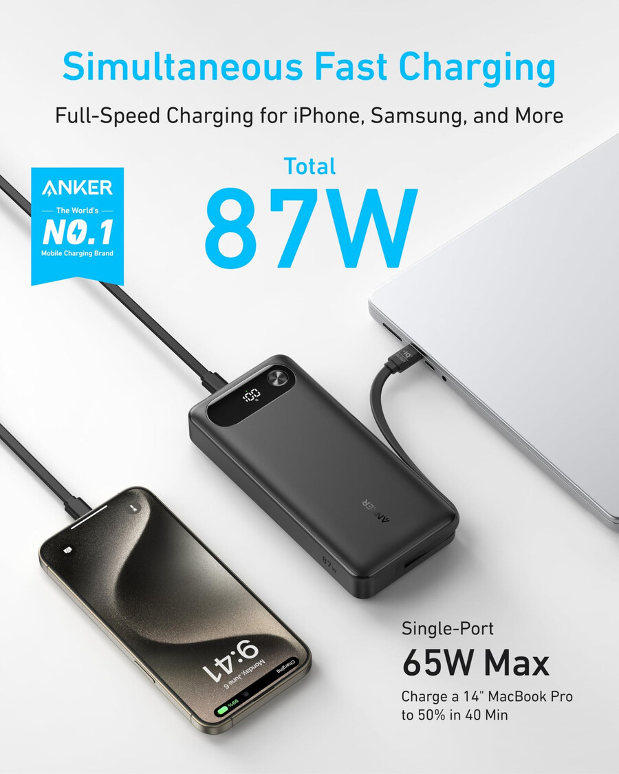 anker power bank 20k 87w built-in usb-c cable
