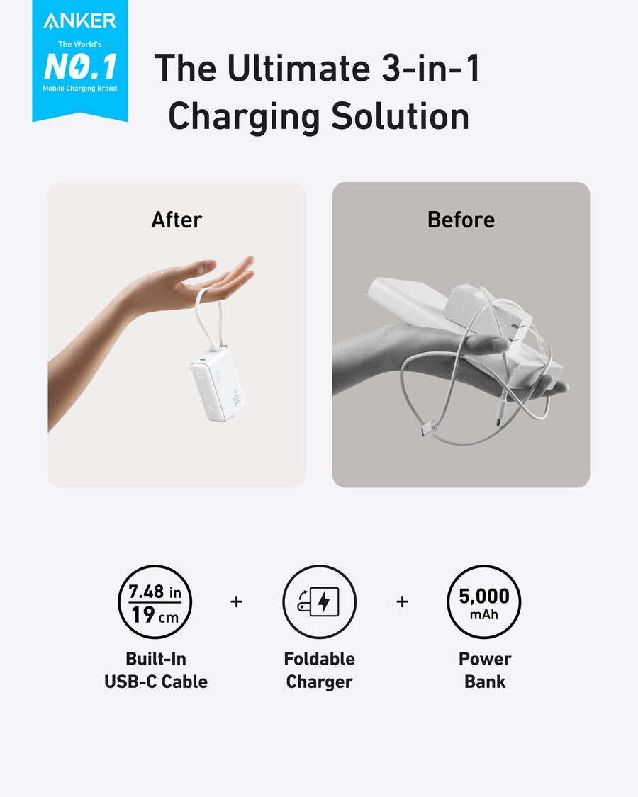 anker power bank 30w 5k fusion built-in usb-c cable