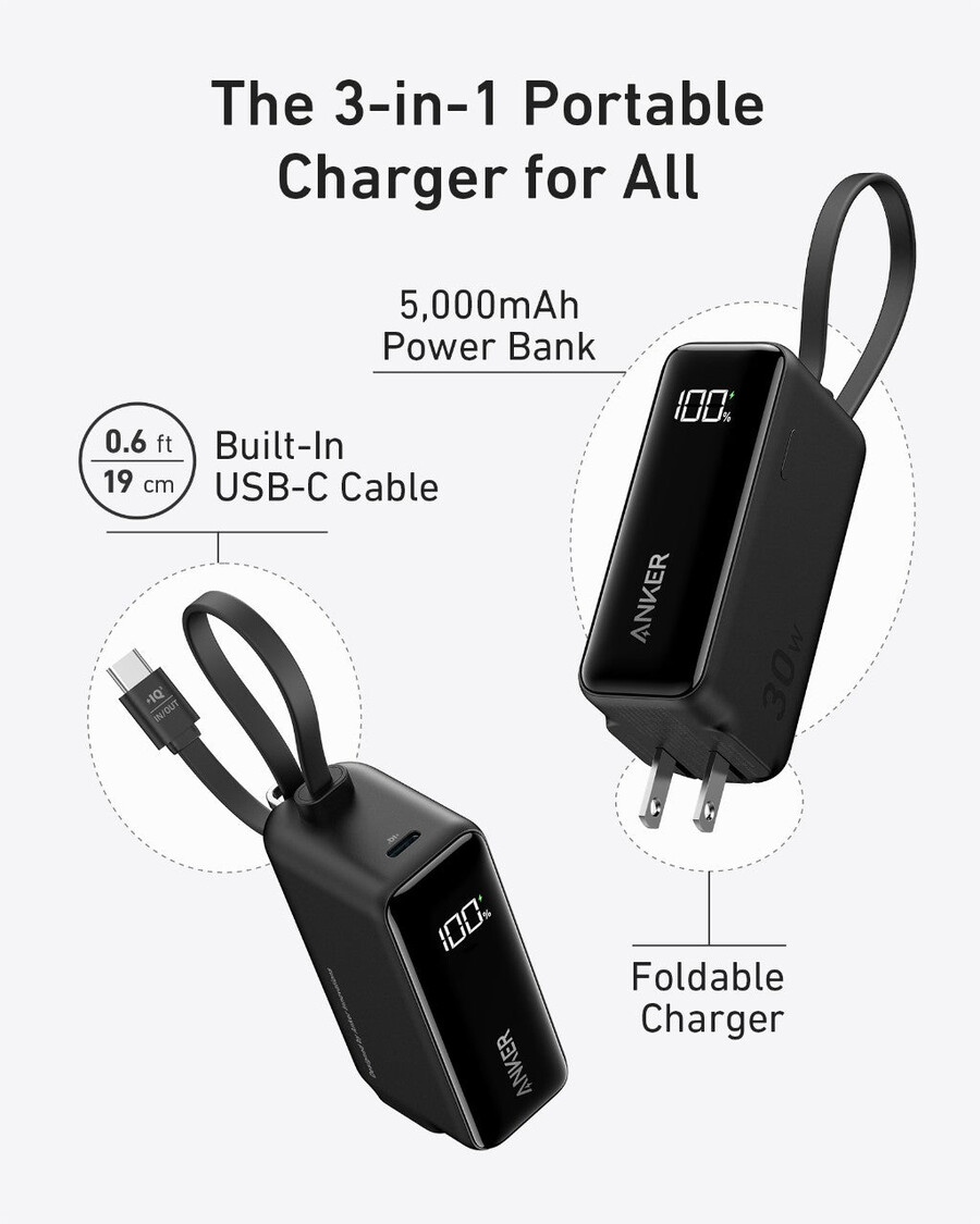 anker power bank 30w 5k fusion built-in usb-c cable