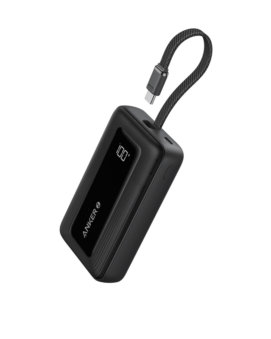 anker zolo power bank 10k 30w with a 5.4-inch 13.7 cm built-in usb-c cable.