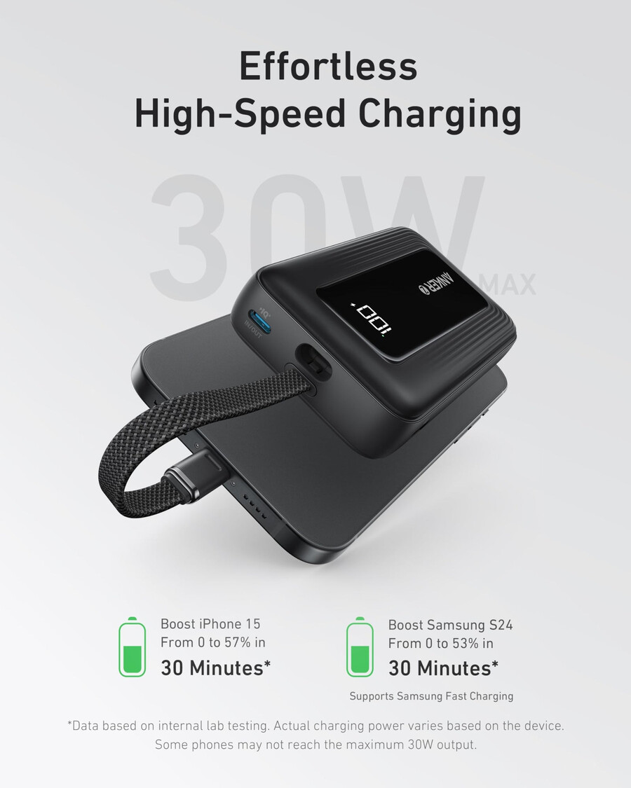 anker zolo power bank 10k 30w with a 5.4-inch 13.7 cm built-in usb-c cable.