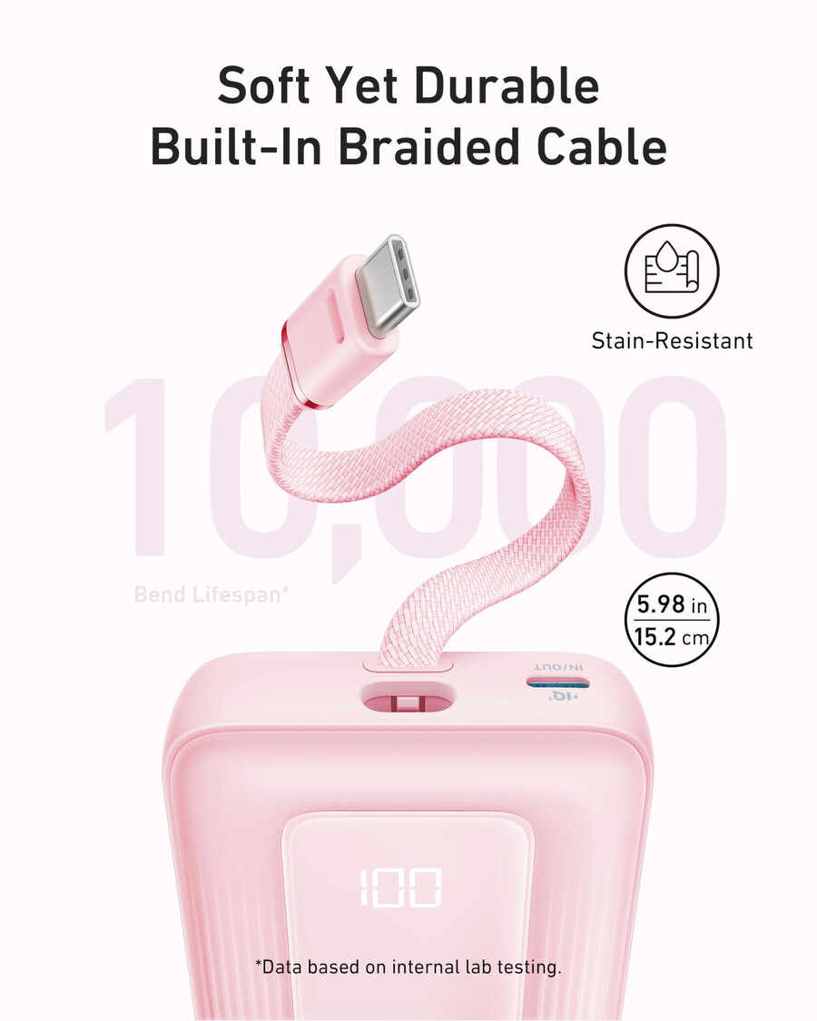 anker zolo power bank 10k 30w with a 5.4-inch 13.7 cm built-in usb-c cable.