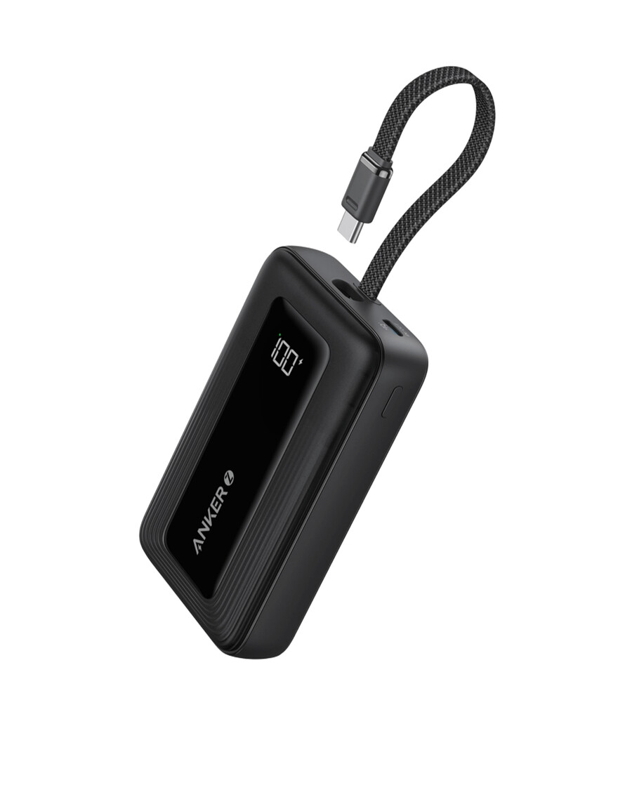 anker zolo power bank 10k 30w with a 5.4-inch 13.7 cm built-in usb-c cable.