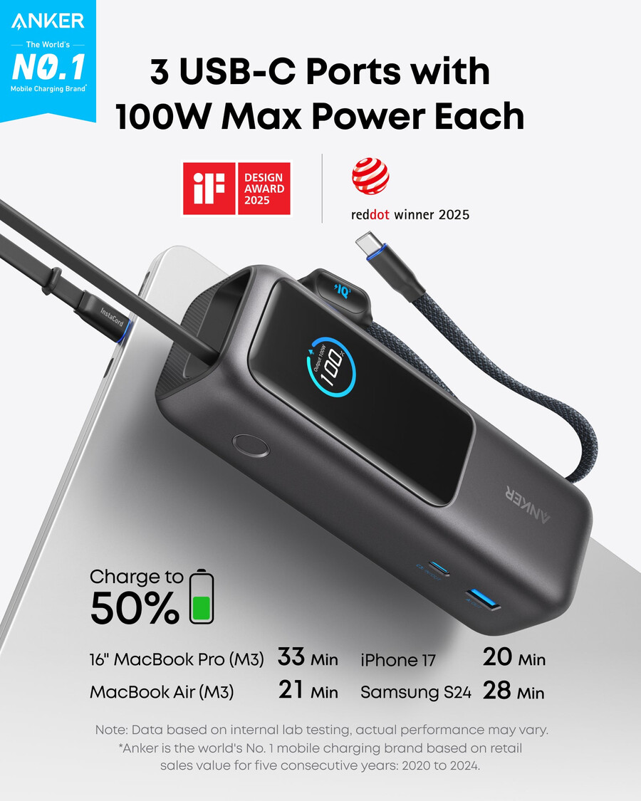 anker laptop power bank 25k 165w built-in and retractable cables