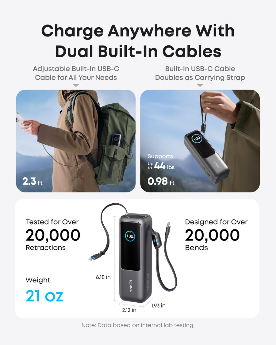 anker laptop power bank 25k 165w built-in and retractable cables