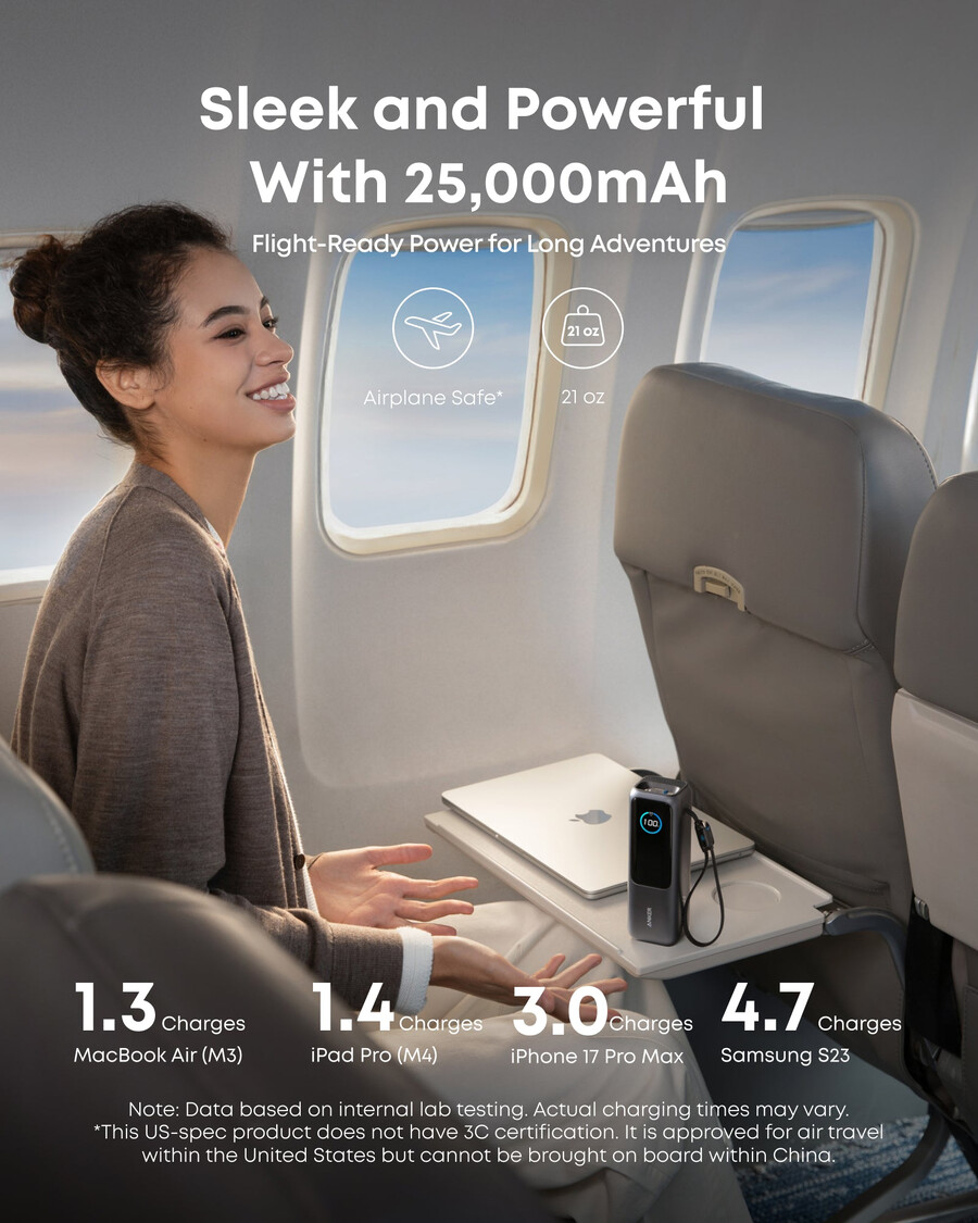 anker laptop power bank 25k 165w built-in and retractable cables