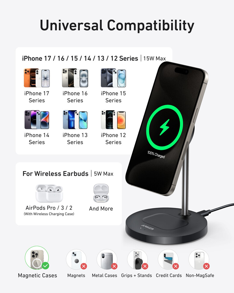 anker maggo wireless charger 2-in-1 stand 40w adapter included